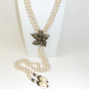 Heidi Daus Lariat Y Drop Pearl Necklace with Swarovski Black Diamond Flower